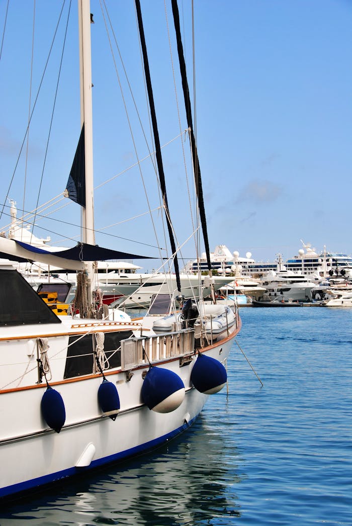 A scenic view of luxury yachts in Monaco's marina under a clear blue sky.
